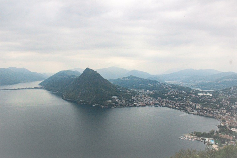 Panoramic view of Lake Lugano, Switzerland from Monte Bre summit on a Day trip from Milan, Italy